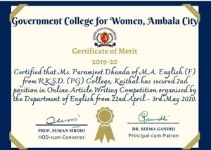 National Level Online Poetry Writing/Reminiscence and Article Writing competition .