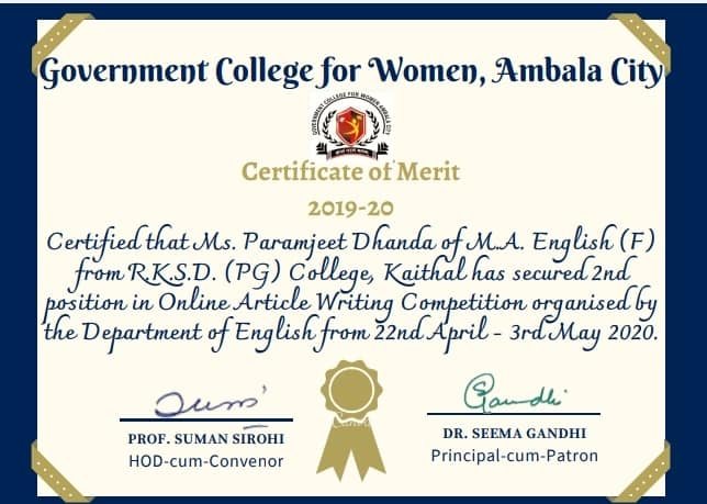 National Level Online Poetry Writing/Reminiscence and Article Writing competition .