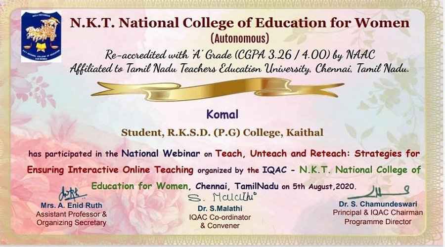 Participation in a National Webinar on the topic of  “Teach, Unteach and Reteach: Strategies for Ensuring Interactive Online Teaching”