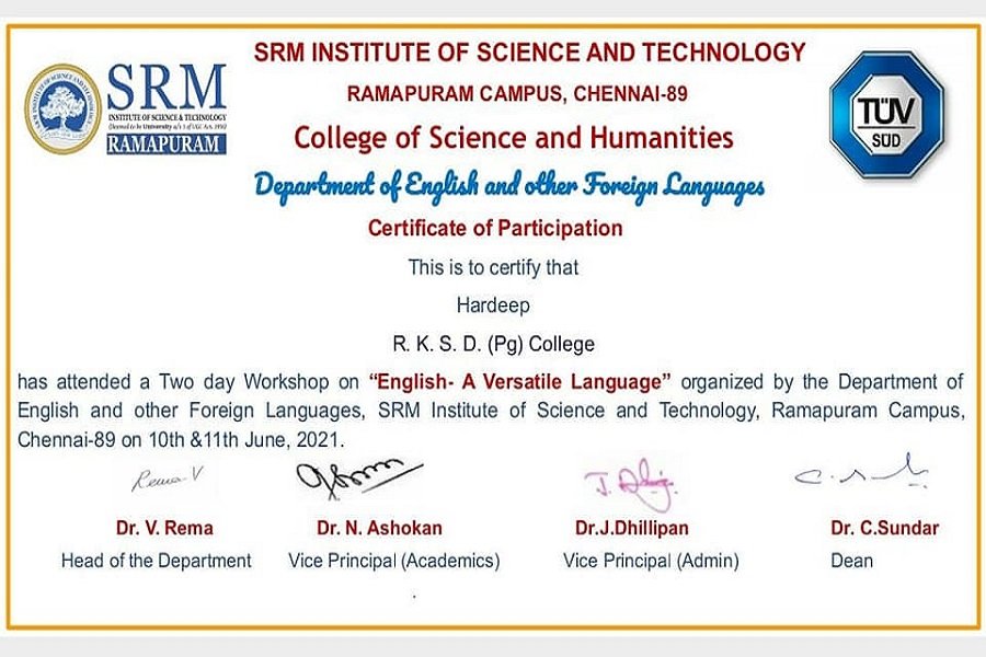 Participation in a two day National e- workshop on ‘English- A Versatile Language