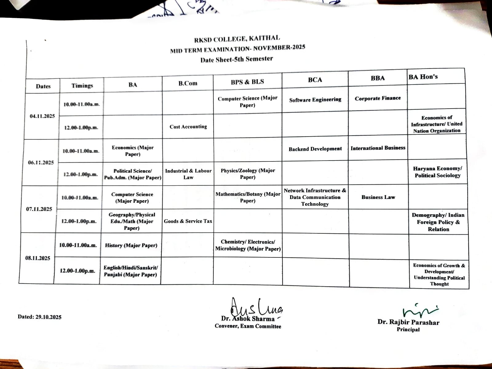 UG Mid term exam datesheet