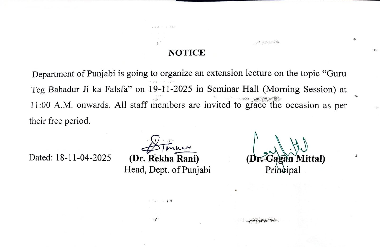 Extension Lecture Organize by Punjabi Department on ‘Guru Teg Bahadur  Ji ka falsfa’